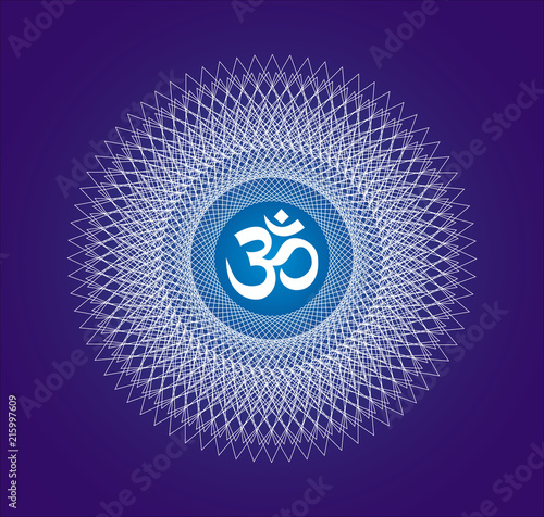 Openwork white  mandala with a sign of Aum  / Om / Ohm on a dark blue background. A graceful geometric pattern. Spiritual symbol.  Vector graphics.