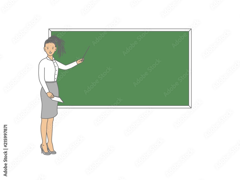 Young female teacher on lesson at blackboard in classroom. Teacher with pointer, teacher showing on board. Young female teacher on lesson at blackboard in classroom. Teacher with pointer, teacher showing on board.