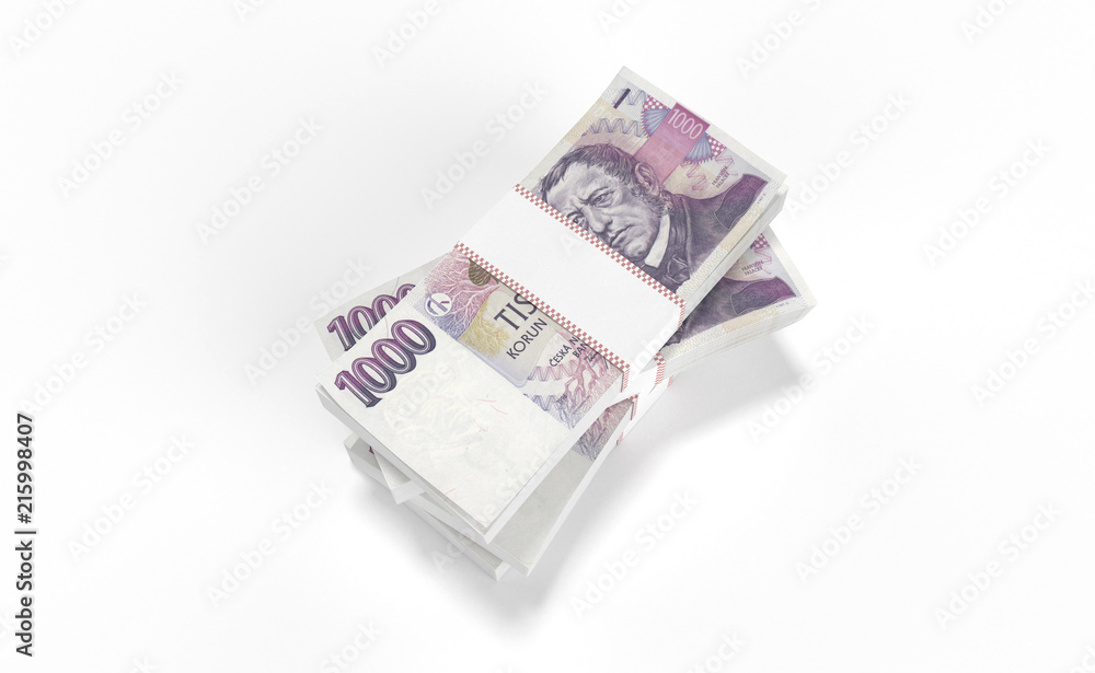 3D realistic render of 1000 stack czech crown ceska koruna national money in czech republic. Isolated on white background. 3D realistic render of 1000 stack czech crown ceska koruna national money in czech republic. Isolated on white background.