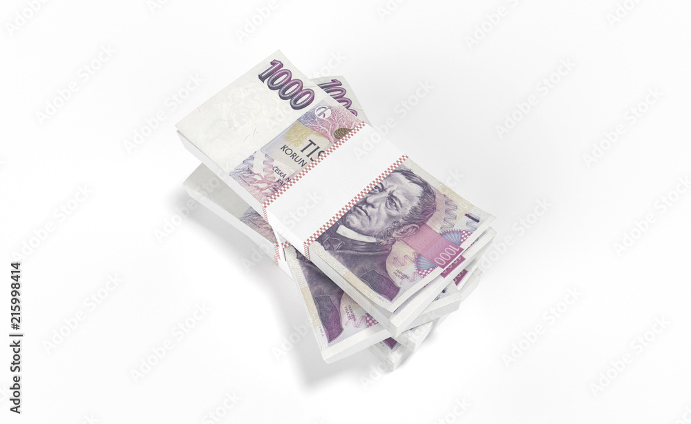 3D realistic render of 1000 stack czech crown ceska koruna national money in czech republic. Isolated on white background. 3D realistic render of 1000 stack czech crown ceska koruna national money in czech republic. Isolated on white background.