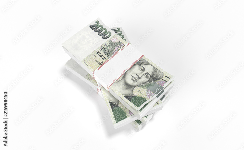 3D realistic render of 2000 stack czech crown ceska koruna national money in czech republic. Isolated on white background. 3D realistic render of 2000 stack czech crown ceska koruna national money in czech republic. Isolated on white background.