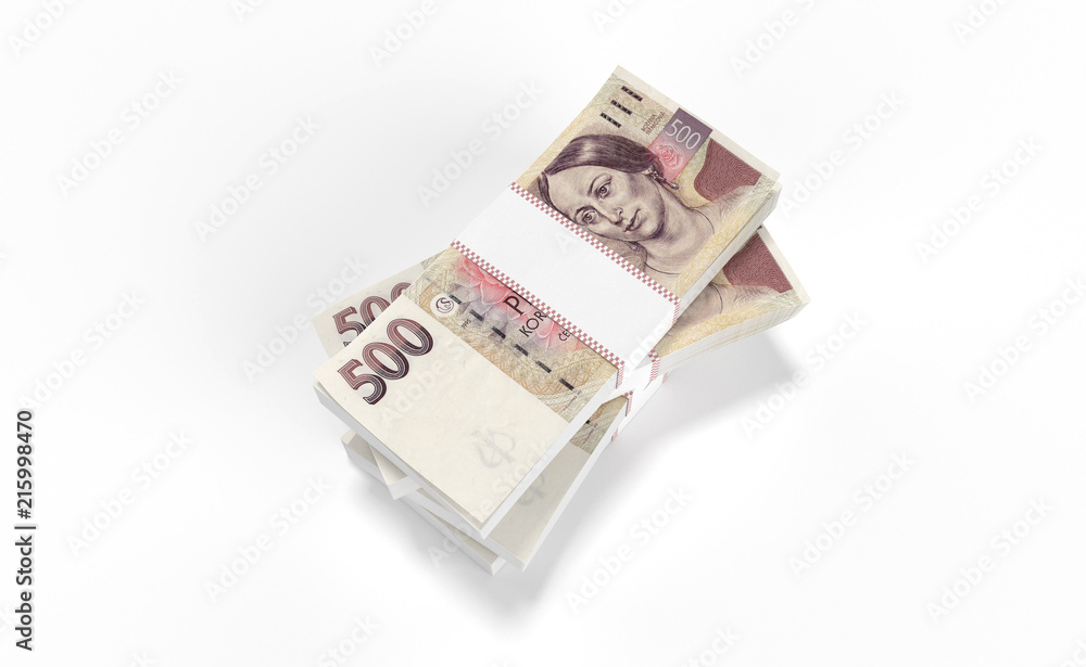 3D realistic render of 500 stack czech crown ceska koruna national money in czech republic. Isolated on white background. 3D realistic render of 500 stack czech crown ceska koruna national money in czech republic. Isolated on white background.