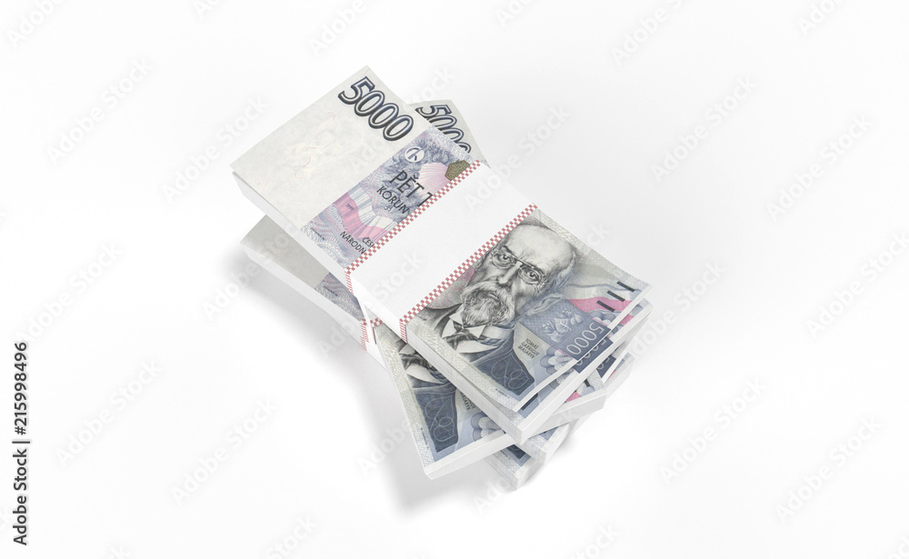 3D realistic render of 5000 stack czech crown ceska koruna national money in czech republic. Isolated on white background. 3D realistic render of 5000 stack czech crown ceska koruna national money in czech republic. Isolated on white background.