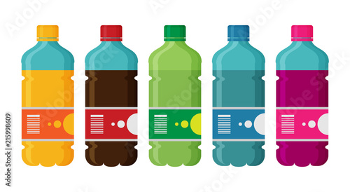 Plastic beverage bottles icon set. Bottled cold drinks flat vector illustration.
