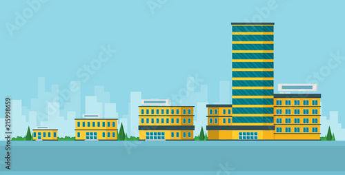 Growth of business. Buildings of company small, middle and big. Flat vector.