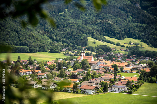 Panoramic View over Aschau im Chiemgau from above in summer on a beautiful day
