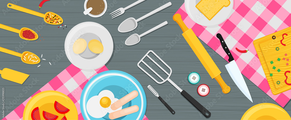 Flat vector kitchenware utensils and food on wooden worktop Flat vector kitchenware utensils and food on wooden worktop
