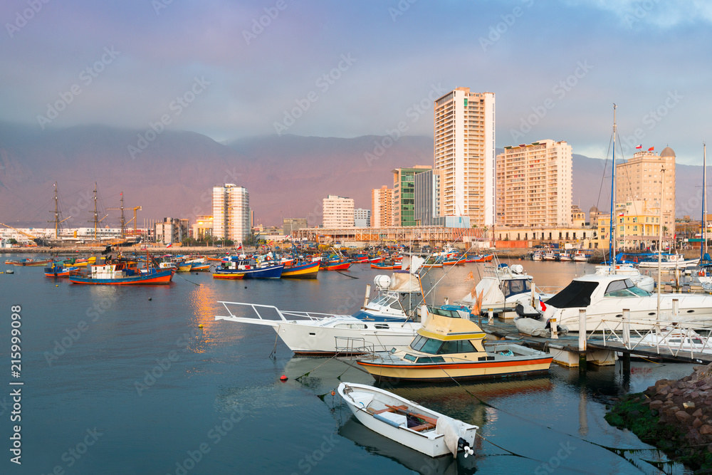 Skyline of downtown and marina of Iquique from the port, Chile