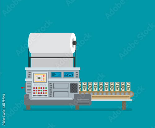 The machine makes dollar bills. The financial system, the Bank prints money. The cash machine. Flat vector.