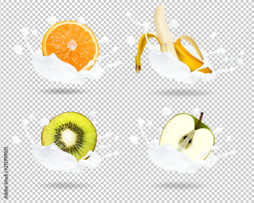 Banana, orange, kiwi, apple in milk splashes. 