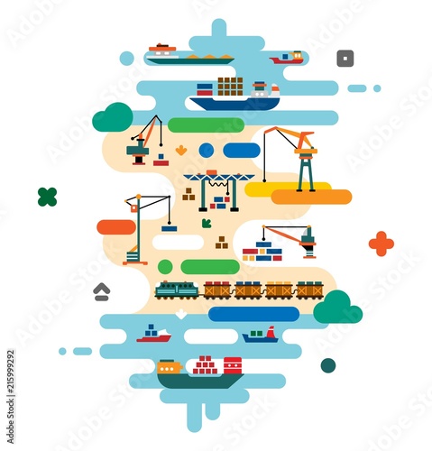 Global cargo logistics concept. Sea delivery with freight ships, port and freight cranes. Rail transportation. Flat cartoon illustration.