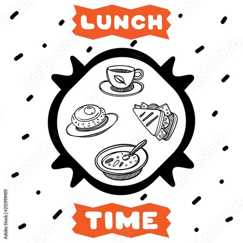 Cute hand drawn poster for cafe with sketch style cup of tea, sandwich, meat cutlet and bowl of soup. Cartoon illustration. lunch time concept.
