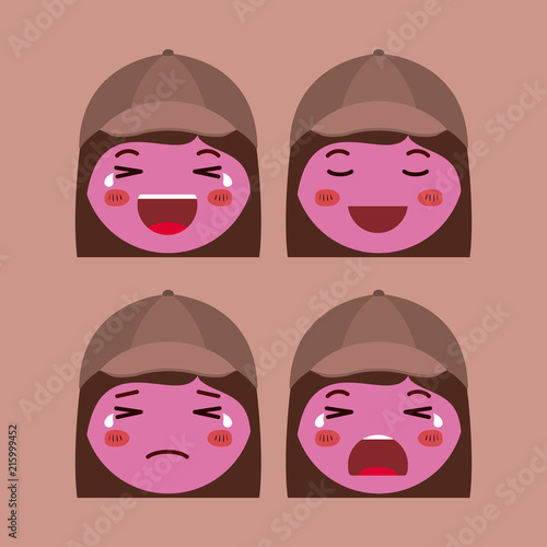 little red girls emoticon set kawaii characters vector illustration design