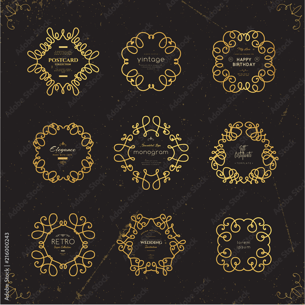 Set of luxury monogram logo templates. Elegant design for business sign, restaurant, wedding shop, jewelry, fashion, product design, brand sign. Vector illustration. Set of luxury monogram logo templates. Elegant design for business sign, restaurant, wedding shop, jewelry, fashion, product design, brand sign. Vector illustration.