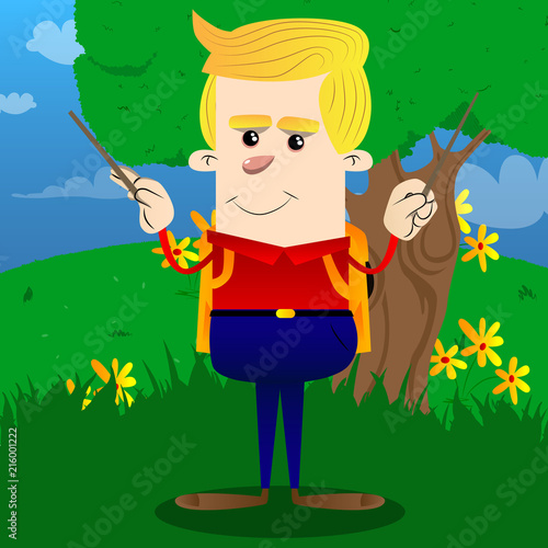 Schoolboy as an orchestra conductor. Vector cartoon character illustration.