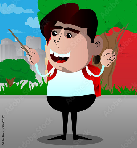 Schoolboy as an orchestra conductor. Vector cartoon character illustration.
