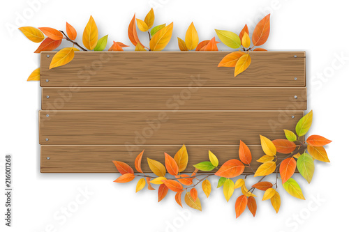 Empty wooden sign with space for text on a background of tree branches with autumn leaves. The template for a banner or an advertisement for a seasonal discount.