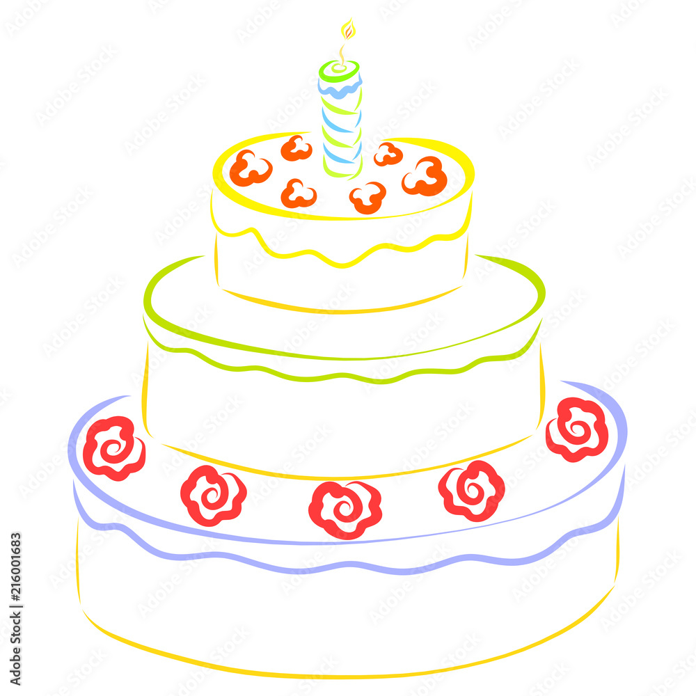 A large cake, a burning candle and flowers A large cake, a burning candle and flowers