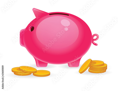 Vector colorful illustration of a piggy bank with a gold coins in front of. Realistic drawn Pink funny pig with money isolated from white background