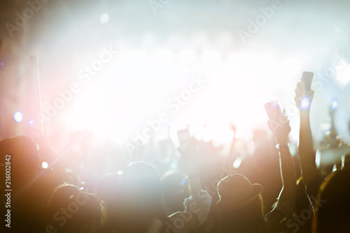 silhouettes of hand in concert.Light from the stage. photo