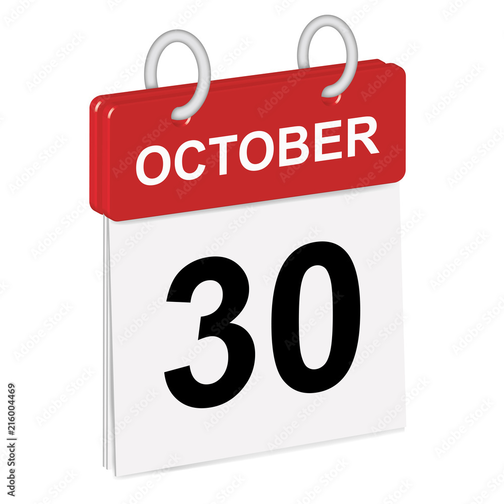 Daily single-leaf calendar, red spine, 3d, month of October,thirtieth day,30th.Vector,illustration Daily single-leaf calendar, red spine, 3d, month of October,thirtieth day,30th.Vector,illustration
