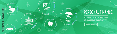 Personal Finance Web Header Banner with Rainy Day fund, cash reserves, savings account, hsa, and mortgage loan icon set