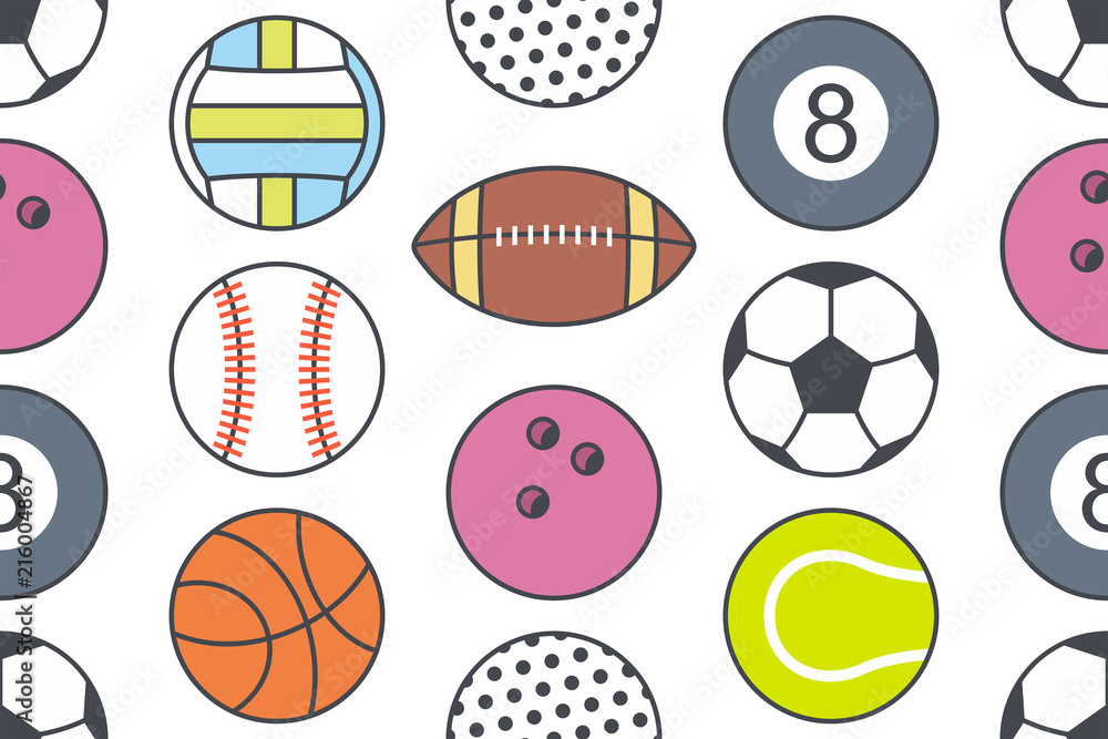 Seamless pattern with collection of Sports Balls. line style. isolated on white background