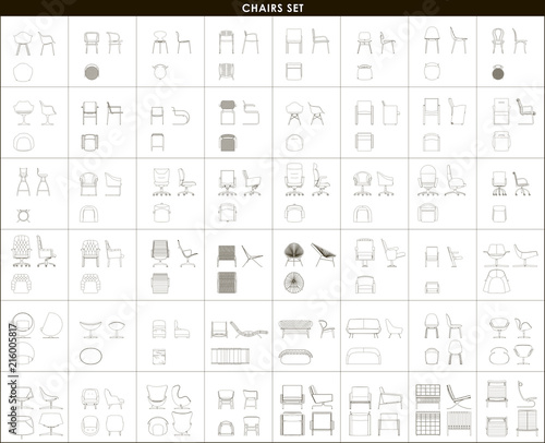 A set of chairs, armchairs, sofas, chaise lounges. Vector. Isolated on white background. Top view, side view, front view. Linear graphics.