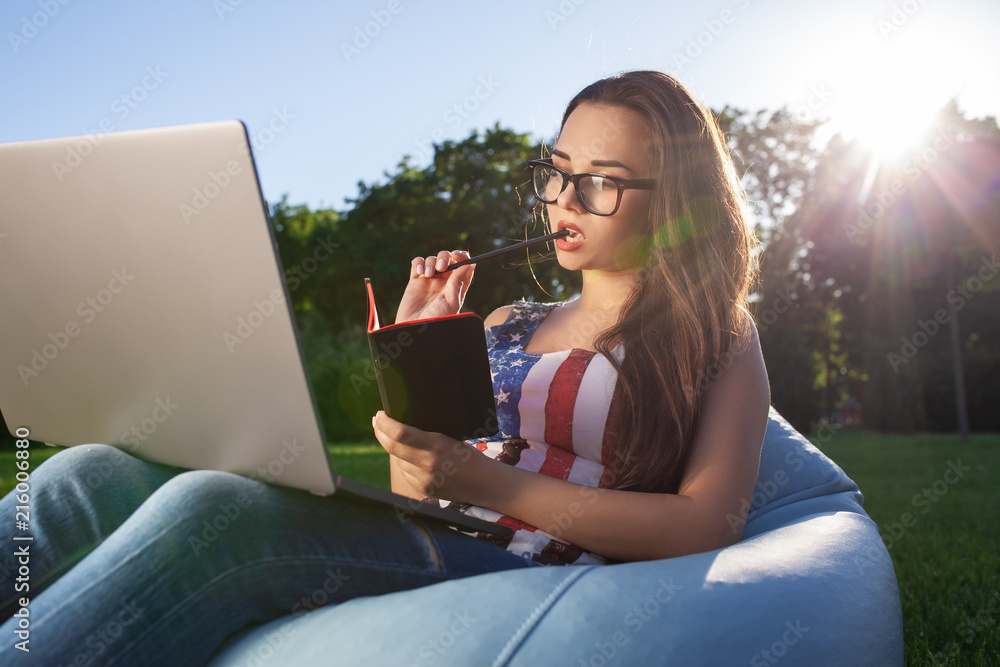 Pretty young woman sitting on bean bag use laptop while resting on grass in park on the sun Pretty young woman sitting on bean bag use laptop while resting on grass in park on the sun