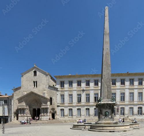 Cathedral Saint-Trophime, portal, Romanesque, UNESCO World Heritage Site, Place de la Republique with obelisk in Arles. Buches du Rhone, Provence, France..