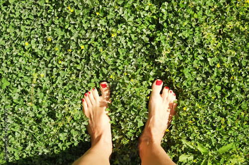 Close up of barefoot young woman w/ clean shaved feet sitting on juicy green grass lawn. Smooth sexy female legs outdoors, walk in the park. Varicose veins medicine concept. Background, copy space.