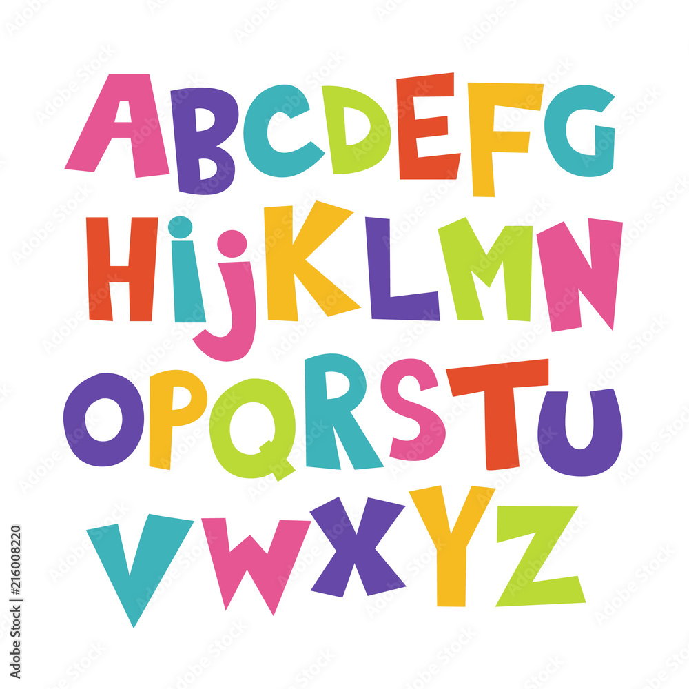 Bright cartoon colorful comic graffiti kids doodle font, alphabet. Vector illustration