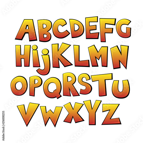 Bright cartoon colorful comic graffiti doodle font, yellow alphabet. Vector illustration
