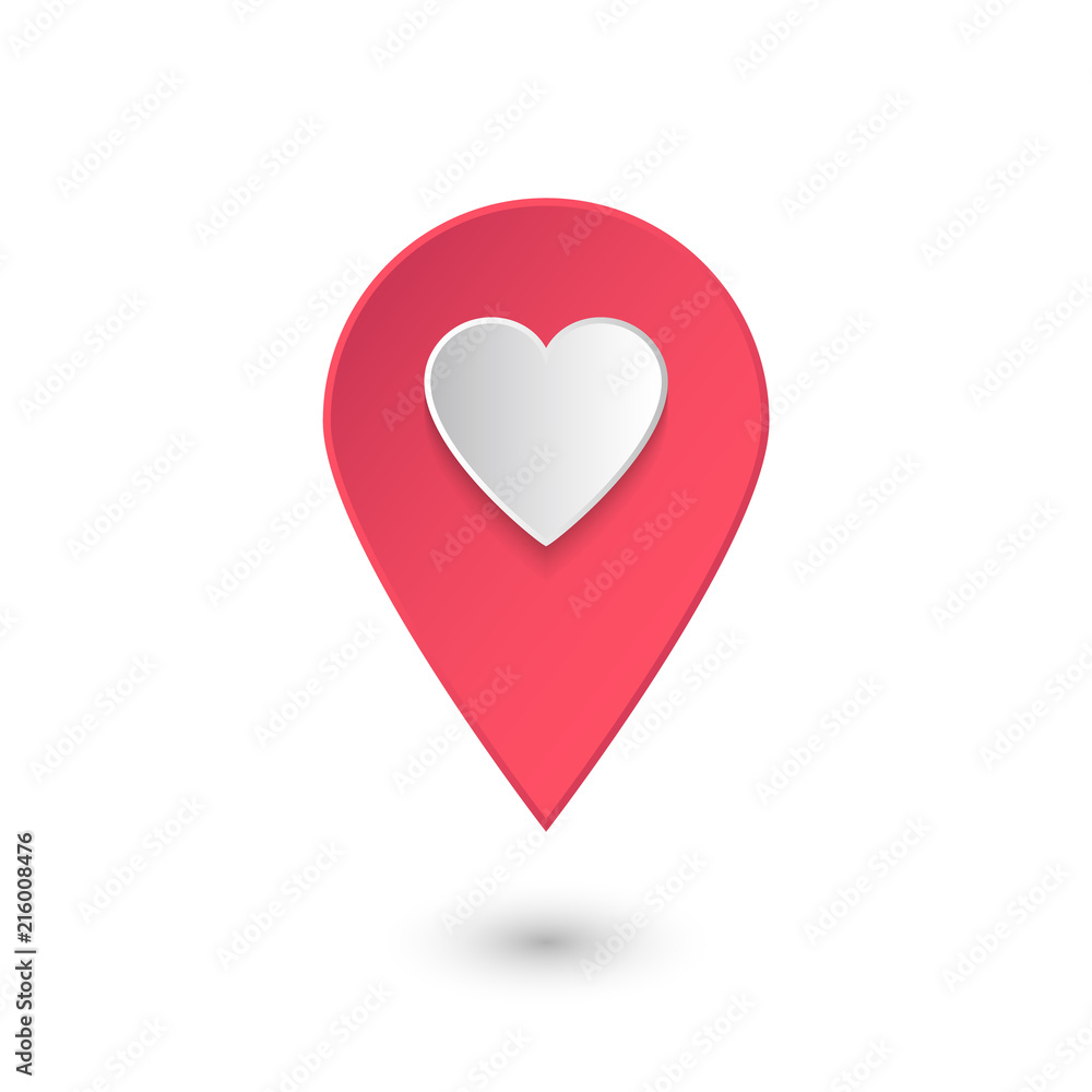 Location icon with heart, pink 3d vector pointer with like Location icon with heart, pink 3d vector pointer with like