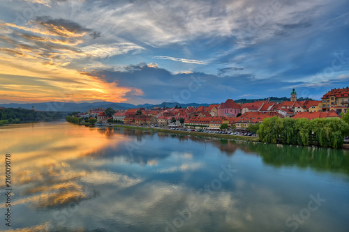 Maribor, Slovenia, Europe. Popular riverbank Lent by the river Drava. Beautiful sunset scenery