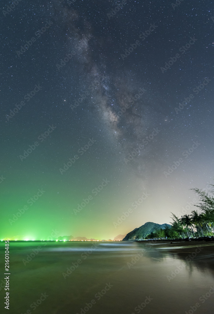 Landscape view of Milky way in night sky over beach, Thailand