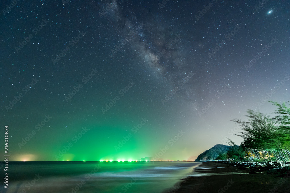 Landscape view of Milky way in night sky over beach, Thailand