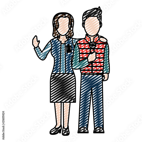 doodle woman and man reporters togethers news