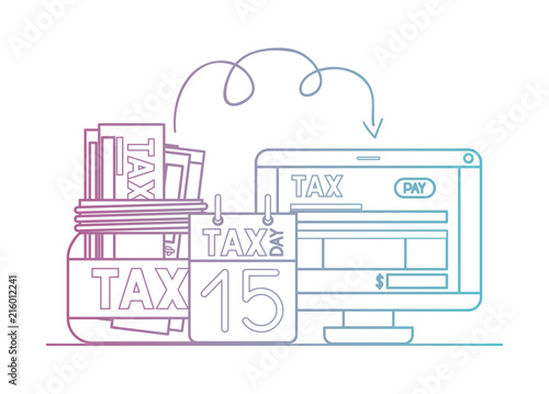 computer with tax on line and set icons vector illustration design