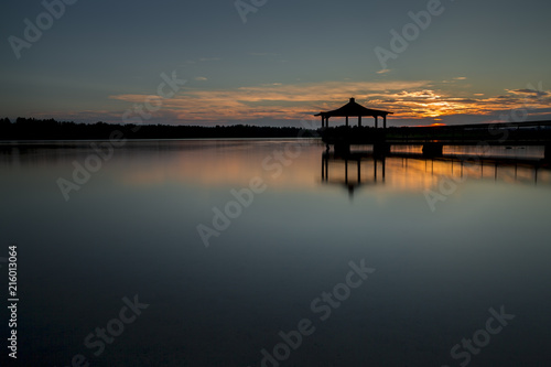 Gazebo in Lake with Sunset