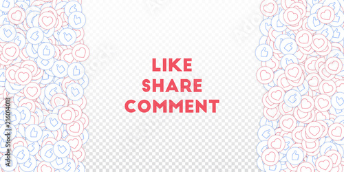 Social media icons. Transparent grid concept. Falling scattered thumbs up hearts. Right left border 