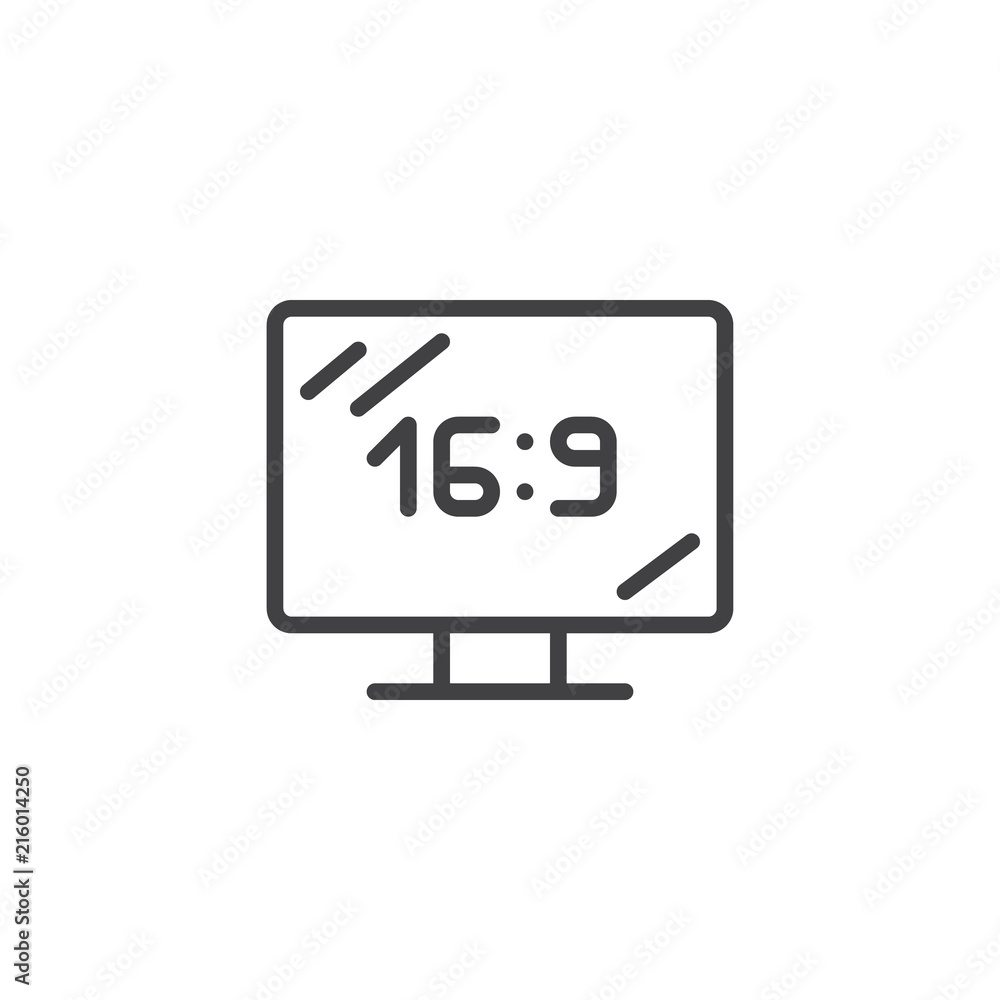 Wide screen 16:9 outline icon. linear style sign for mobile concept and web design. The aspect ratio 16:9 widescreen simple line vector icon. Symbol, logo illustration. Pixel perfect vector graphics Wide screen 16:9 outline icon. linear style sign for mobile concept and web design. The aspect ratio 16:9 widescreen simple line vector icon. Symbol, logo illustration. Pixel perfect vector graphics
