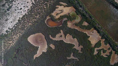 Aerial drone. View from the sky, abstract forms of rivers, salt marshes. Tavira.
