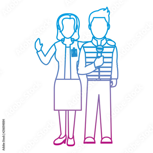 degraded line woman and man reporters togethers news