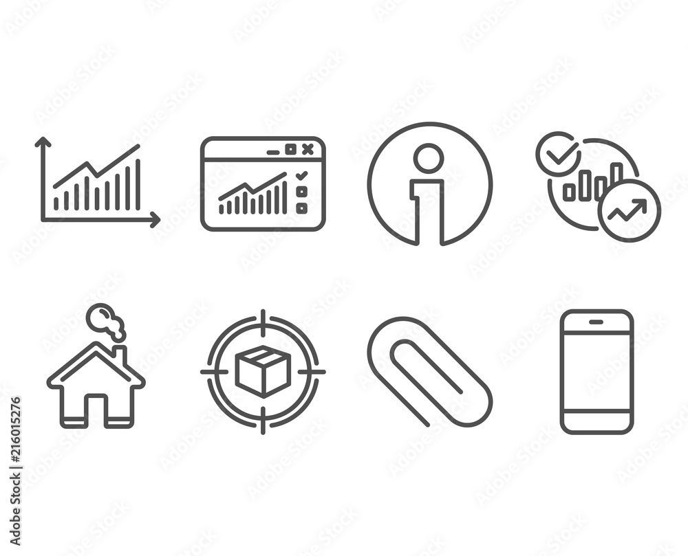 Set of Paper clip, Parcel tracking and Statistics icons. Graph, Web traffic  and Smartphone signs. Attach paperclip, Box in target, Report charts.  Vector Stock Vector | Adobe Stock
