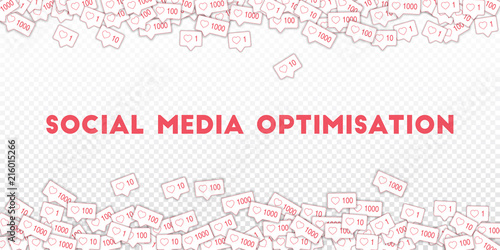 Social media icons. Transparent grid concept. Falling pink like counter. Scattered border elements o