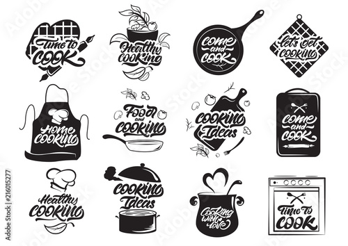 Cooking logos set. Healthy cooking. Bon appetit. Cooking idea. Cook, chef, kitchen utensils icon or logo. Handwritten lettering vector illustration