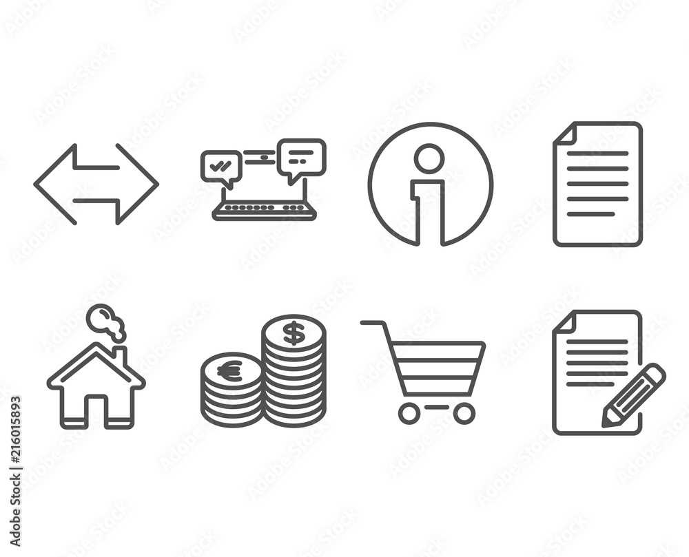 Set of Currency, Market sale and Internet chat icons. Sync, File and Article signs. Euro and usd, Customer buying, Online communication. Synchronize, Paper page, Feedback. Vector Set of Currency, Market sale and Internet chat icons. Sync, File and Article signs. Euro and usd, Customer buying, Online communication. Synchronize, Paper page, Feedback. Vector