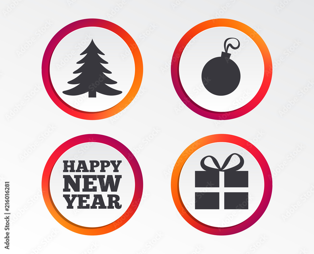 Obraz premium Happy new year icon. Christmas tree and gift box sign symbols. Infographic design buttons. Circle templates. Vector