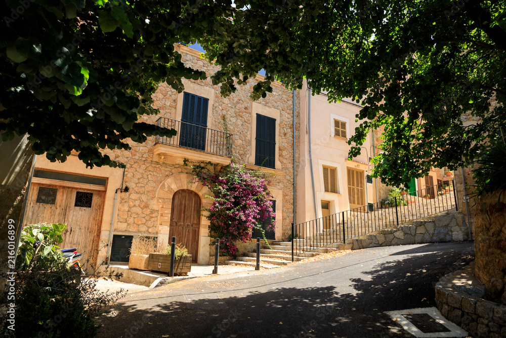 Old street of Banyalbufar town in Mallorca, Spain